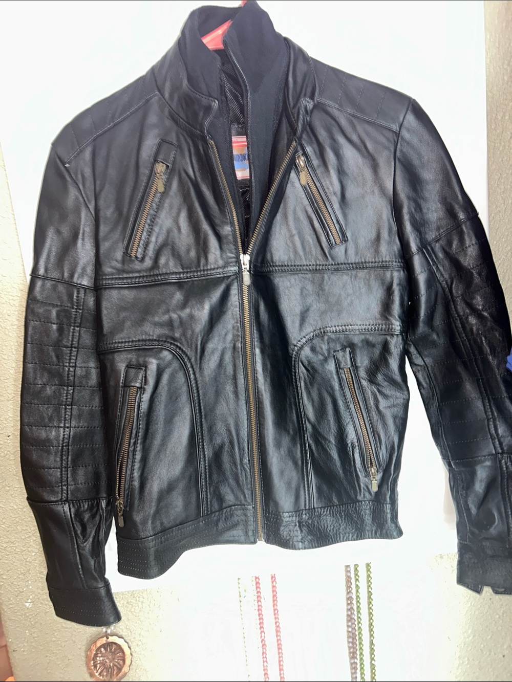 Men's Black Leather Zip-Front Bomber Jacket